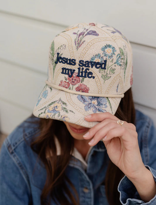 Jesus Saved My Life Floral Puff Embroidered Hat