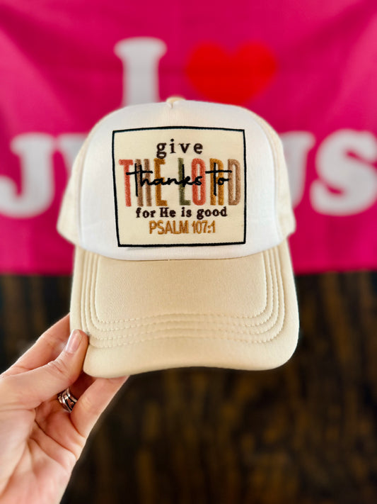 Give Thanks To The Lord Hat, Christian Trucker Hat, Embroidered Patch Hat, Trucker Hat, Patch Trucker Hat, Christian Gift
