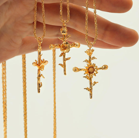 Birth Flower Cross Necklace - Cross Flower Necklace - Christian Jewelry - Christian Gift - Christian Apparel - Necklace