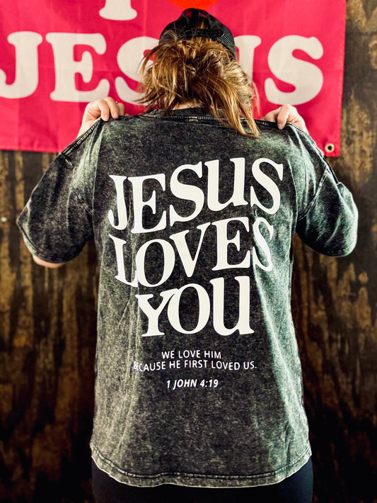 Jesus Loves You - Acid Wash Tee - Christian Shirt - Jesus Tee - Christian Gift - Christian Apparel
