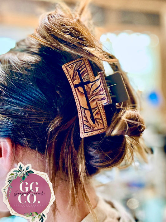 Engraved Cross Leather Claw Clip – Faith-Inspired Hair Accessory