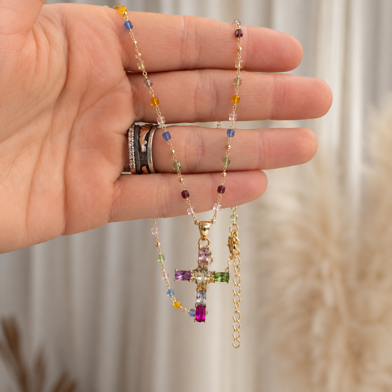 Jewel Cross Necklace - Christian Necklace - 14k Gold Necklace