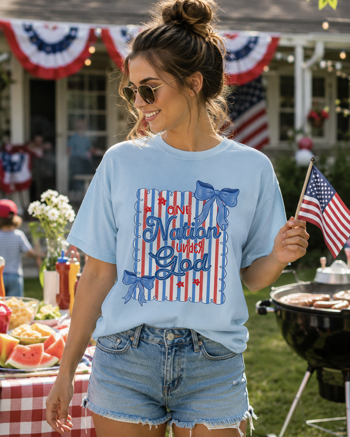 One Nation Under God Stripes And Bows - Christian Graphic Shirt (3-30)