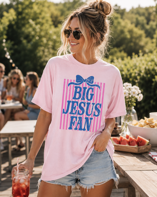 Big Jesus Fan Bow and Stripes - Christian Graphic Shirt (3-7)