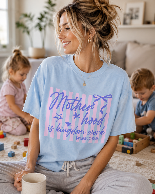 Motherhood Is Kingdom Work Stripes and Bows - Christian Graphic Shirt (4-30)