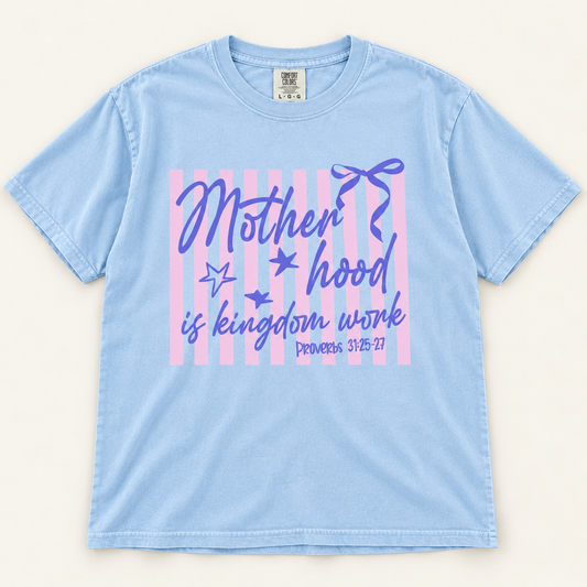 Motherhood Is Kingdom Work Stripes And Bows Graphic Shirt