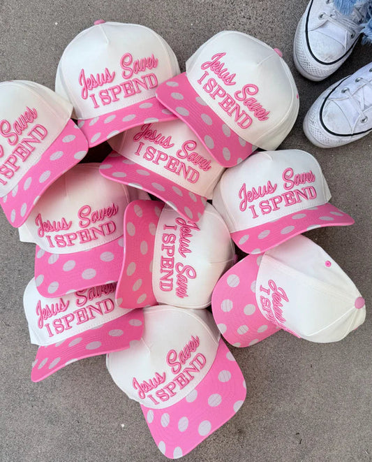 Jesus Saves I Spend Polkadot Puff Embroidered Hat