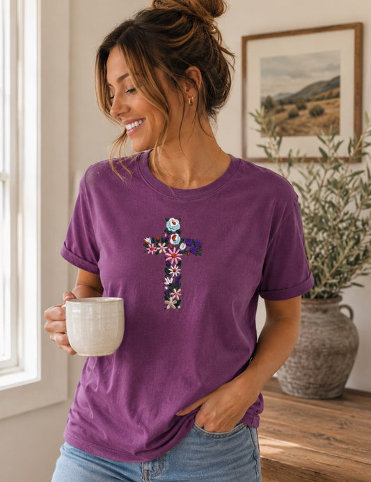 Floral Cross Embroidered Shirt - Embroidered Christian Shirt