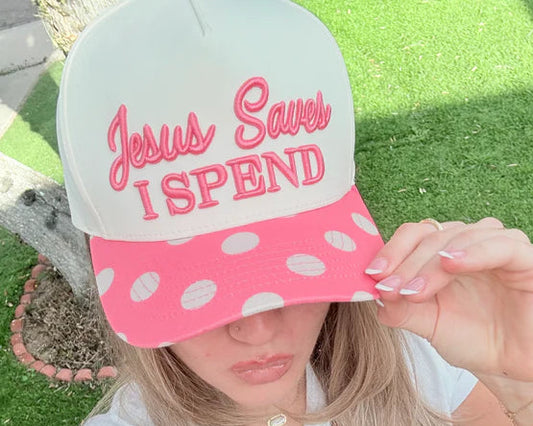 Jesus Saves I Spend Polkadot Puff Embroidered Hat