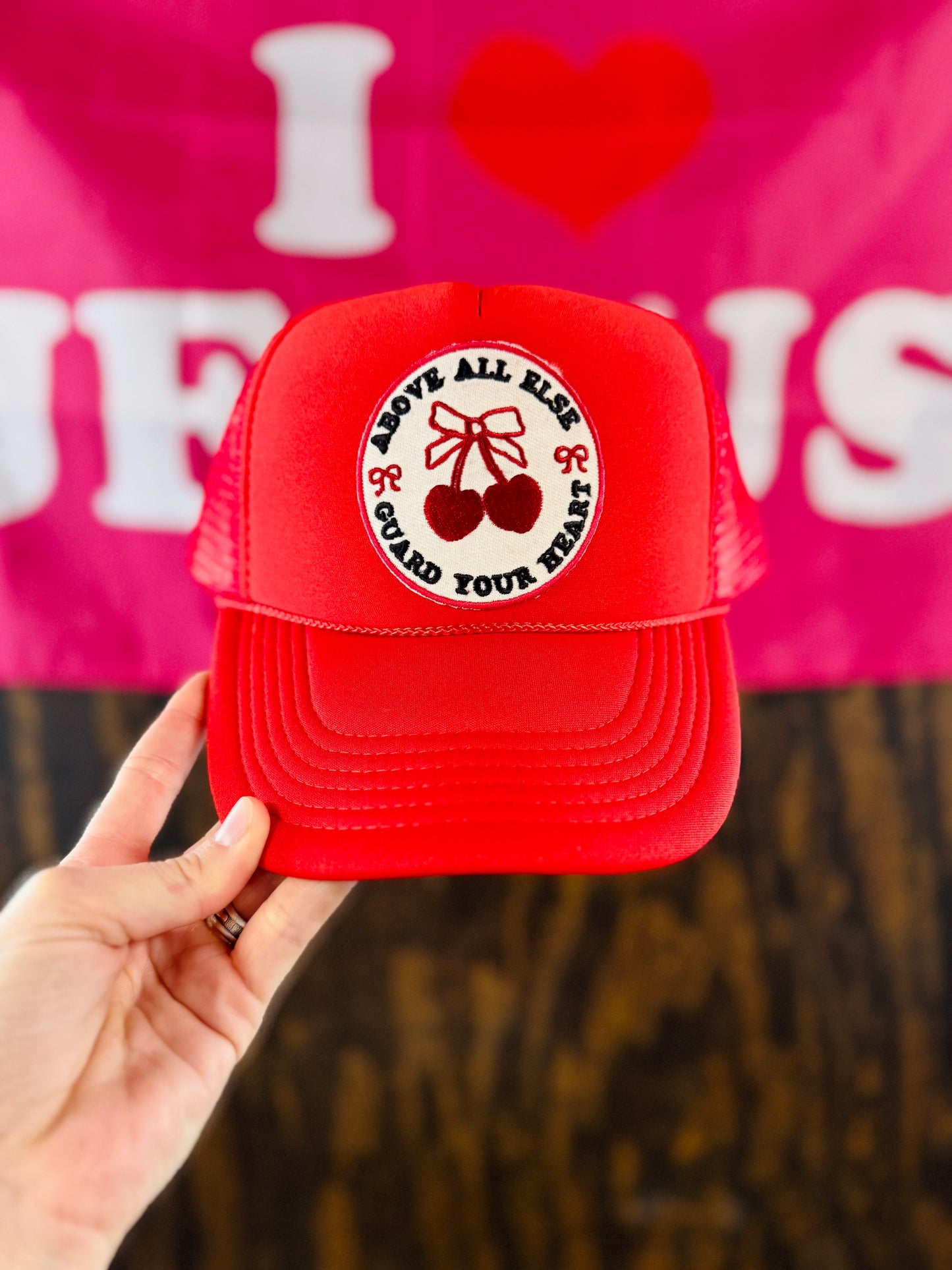Guard Your Heart Cherries Hat, Christian Trucker Hat, Embroidered Patch Hat, Trucker Hat, Patch Trucker Hat, Christian Gift