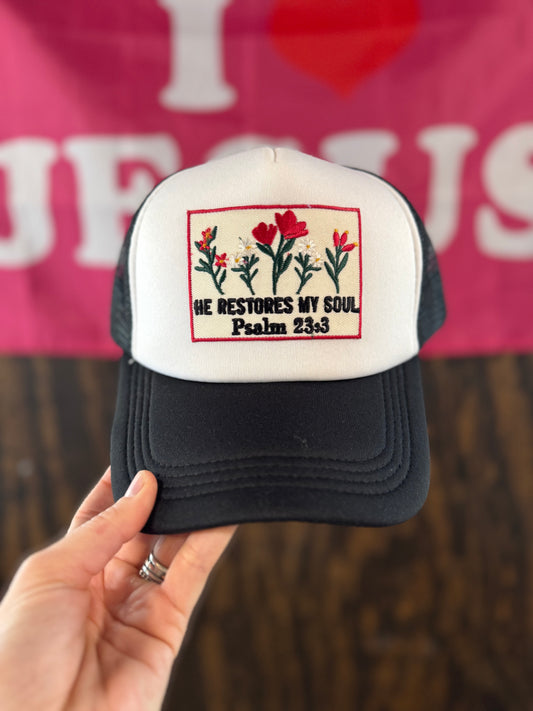 He Restores My Soul Patch Trucker Hat