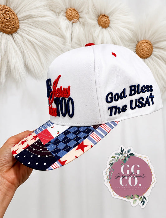 Loves Jesus And America Too Patchwork Puff Embroidered Hat