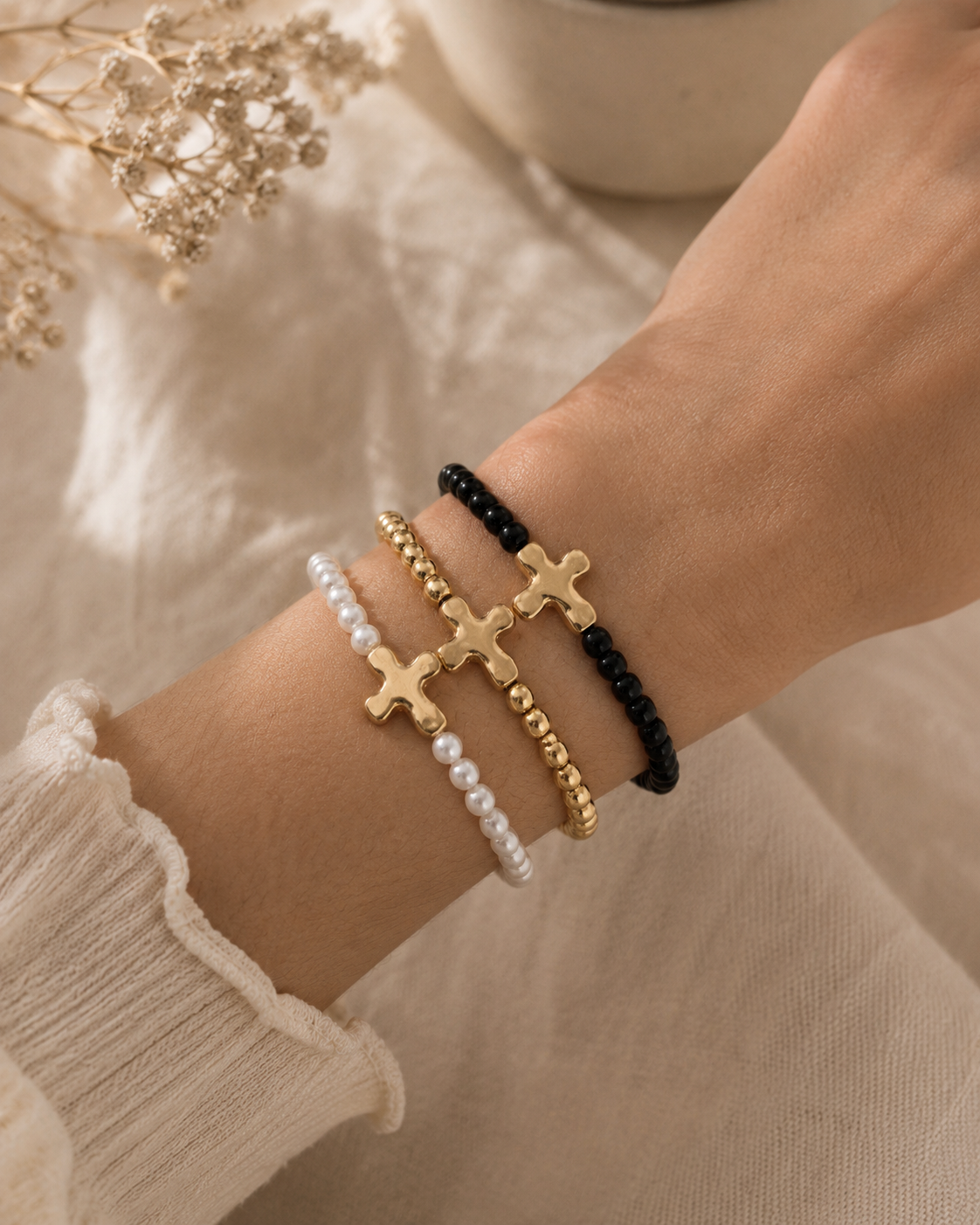 Cross Beaded Bracelet Set - Christian Stacker Bracelet (H1)