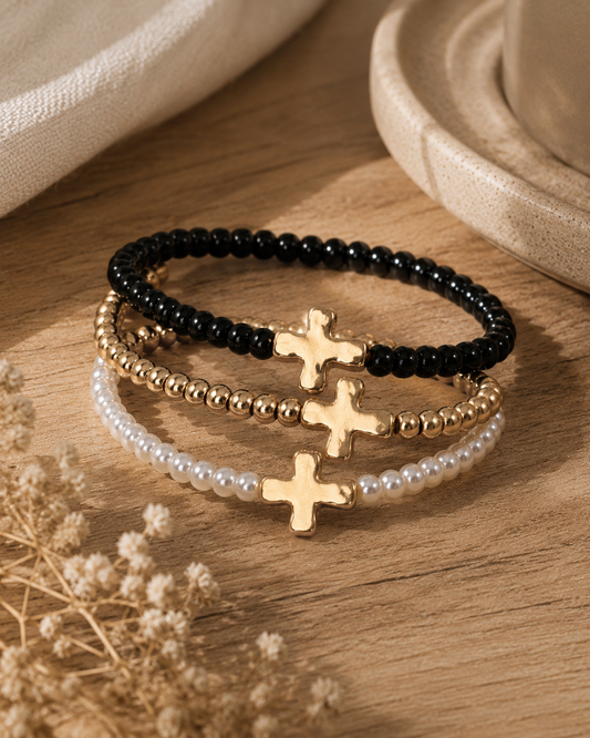 Cross Beaded Bracelet Set - Christian Stacker Bracelet (H1)