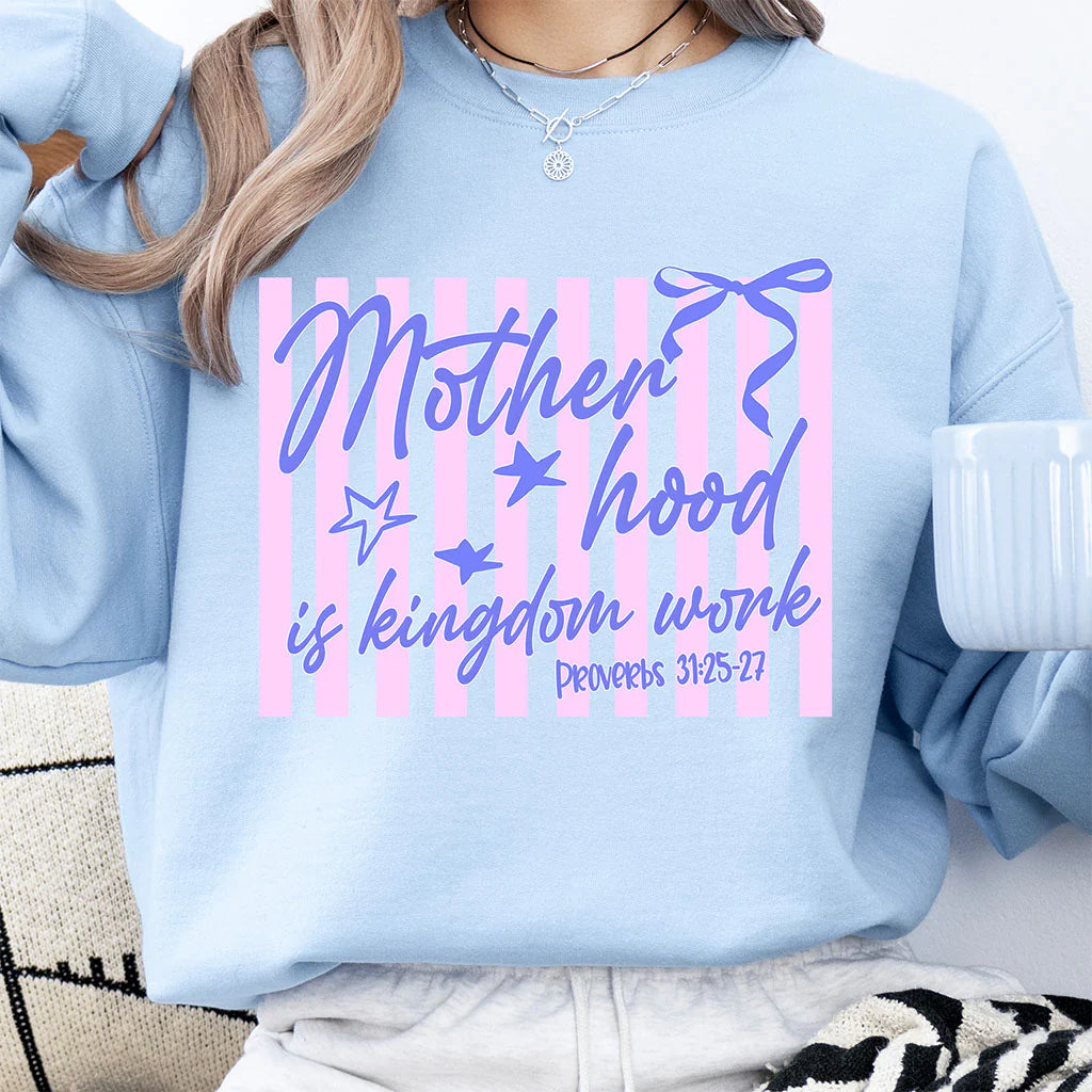 Motherhood Is Kingdom Work Stripes and Bows - Christian Graphic Shirt (4-30)