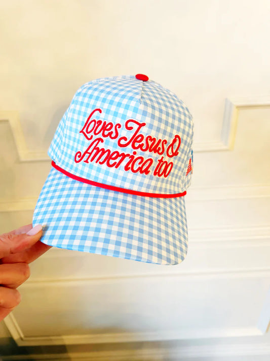 Loves Jesus And America Too Checkered - Puff Embroidered Hat