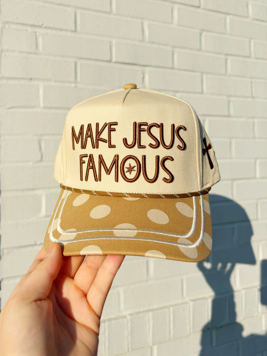 Make Jesus Famous Brown Polka Dot Embroidered Hat