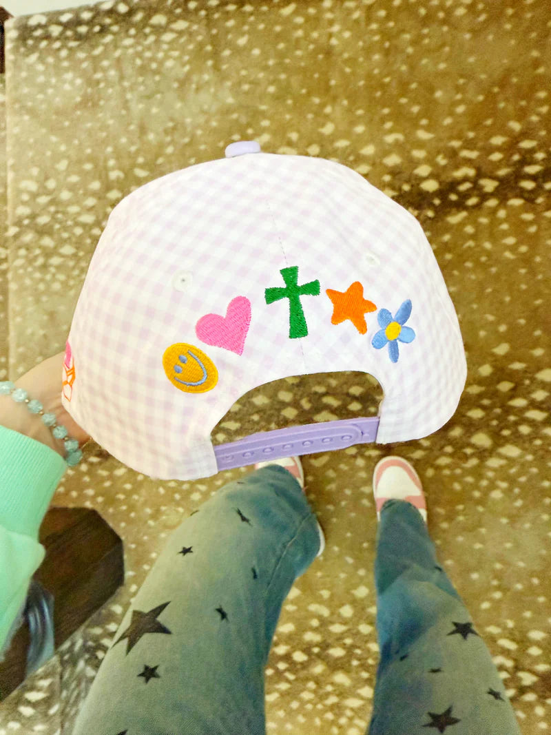 Jesus Loves You Pink Checker Puff Embroidered Hat