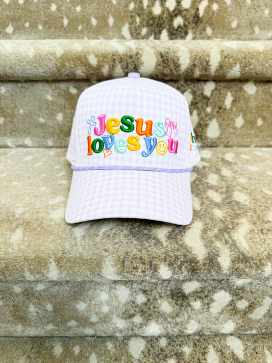 Jesus Loves You Pink Checker Puff Embroidered Hat