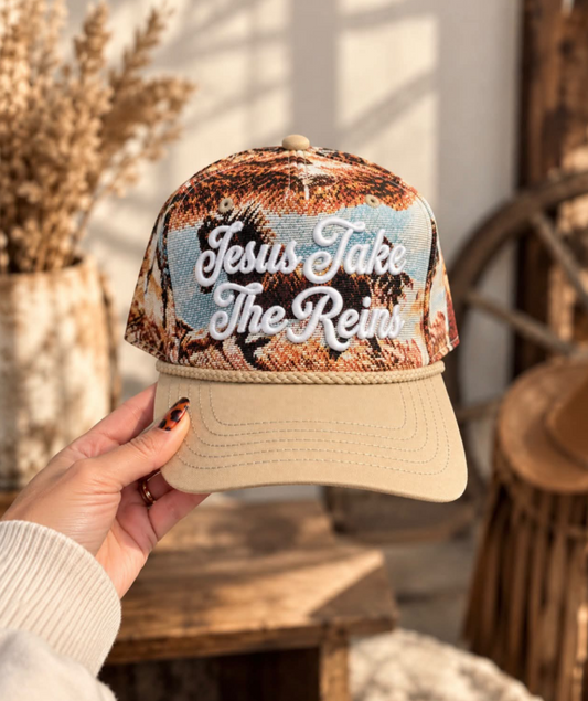 Jesus Take the Reins Puff Tapestry Hat