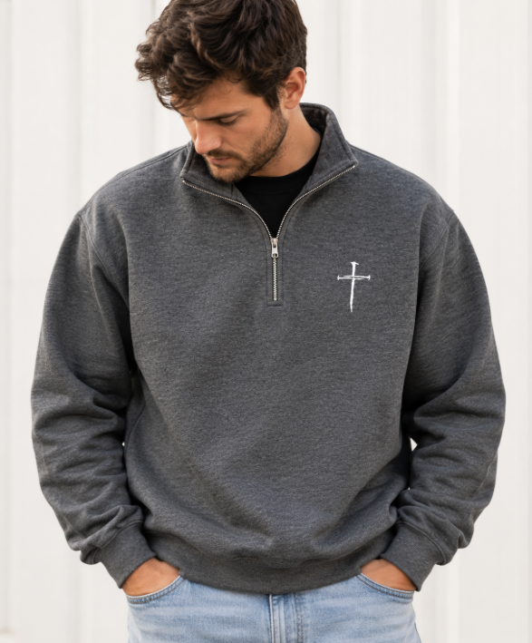 Embroidered Three Nails Cross Quarter-Zip Sweatshirt | Unisex Christian Pullover