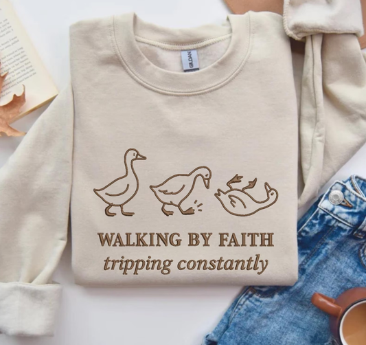 Walking By Faith Tripping Constantly Embroidered Shirt, Embroidered Pullover, Christian Tee, Embroidered Shirt, Christian Sweatshirt, Christian Gift