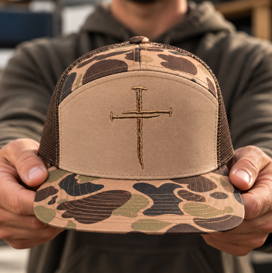 Three Nails Cross Embroidered Duck Camo Snapback Hat