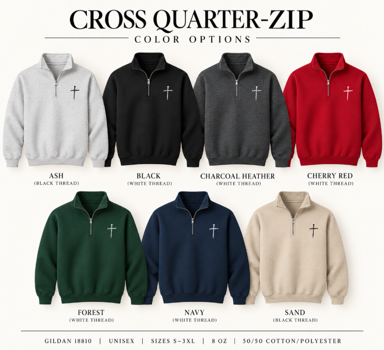 Embroidered Three Nails Cross Quarter-Zip Sweatshirt | Unisex Christian Pullover