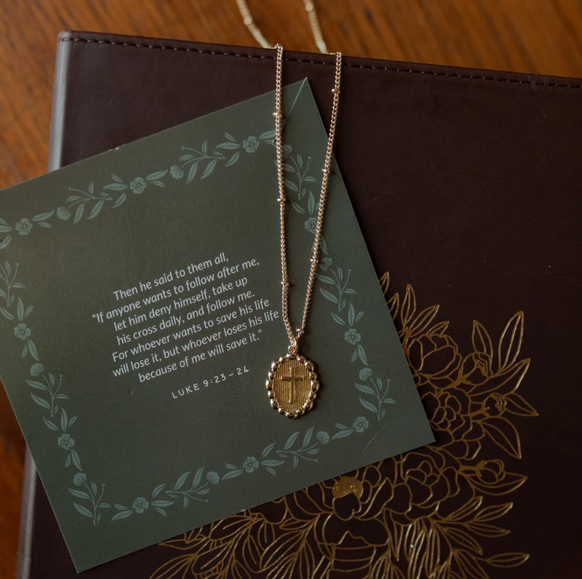 Beaded Chain Cross Necklace - Christian Necklace - 18k Gold Necklace (I1)