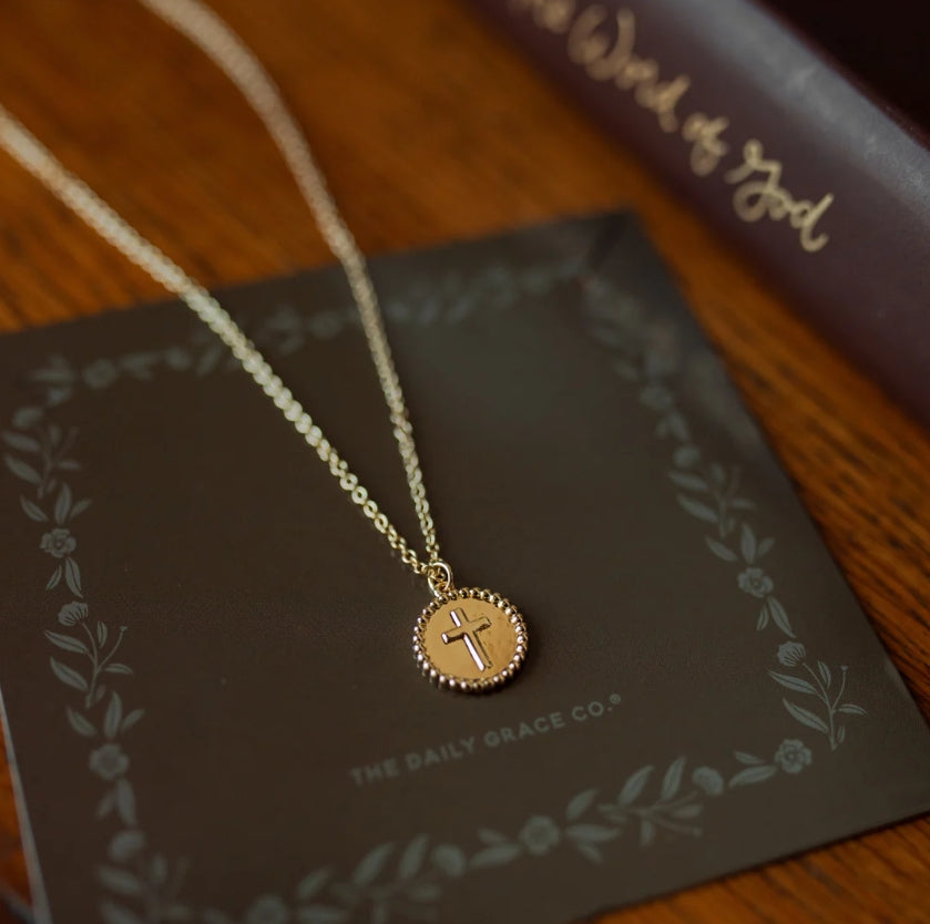 Embossed Cross Necklace - Christian Necklace - 18k Gold Necklace (I1)