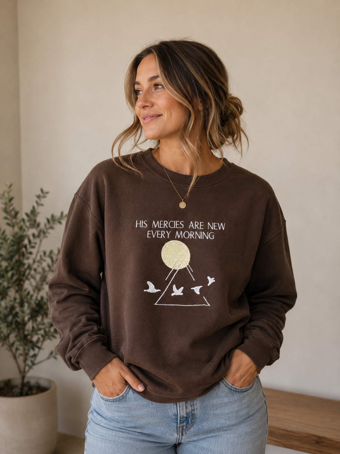 New Mercies - Embroidered Khaki Crewneck Sweatshirt