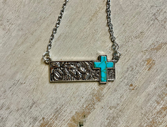Christian Necklace - Western Tooled Cross Bar Necklace - Christian Jewelry - Christian Gift - Christian Apparel - Necklace - Turquoise