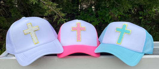 Christian Foam Trucker Hat, Cross Chenille Patch Tucker Hat, Foam Mesh Cap, Jesus Trucker Hat, Foam Patch Trucker Hat, Christian Gift, Hat