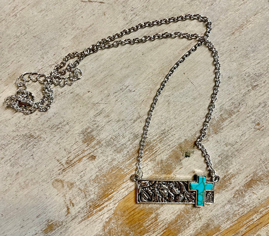 Christian Necklace - Western Tooled Cross Bar Necklace - Christian Jewelry - Christian Gift - Christian Apparel - Necklace - Turquoise