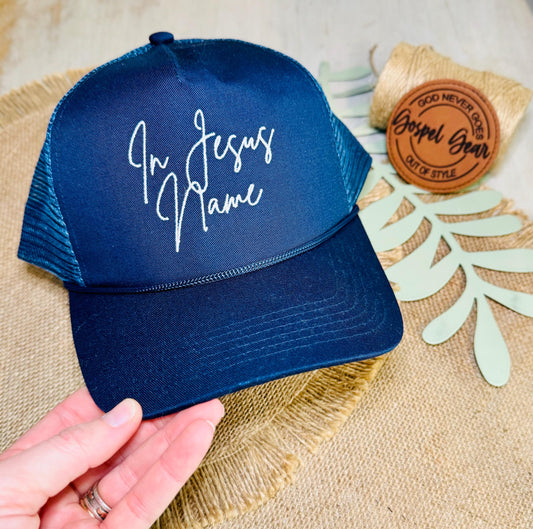 Christian Embroidered Trucker Hat, In Jesus Name Trucker Hat, Structured Cap, Jesus Trucker Hat, Trucker Hat, Christian Gift, Embroidery