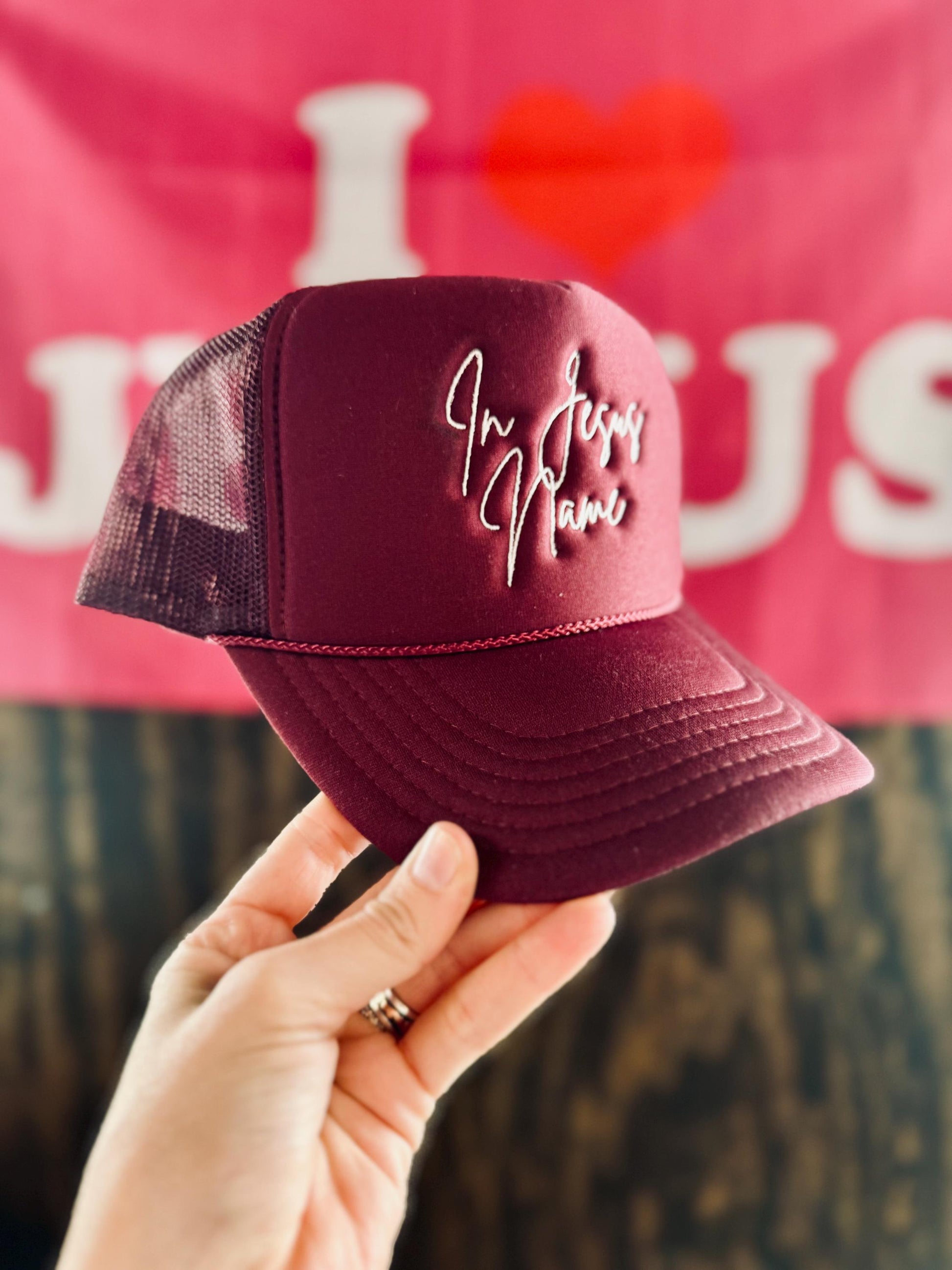 Christian Embroidered Trucker Hat, In Jesus Name Trucker Hat, Foam Mesh Cap, Jesus Trucker Hat, Trucker Hat, Christian Gift