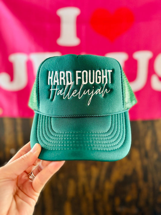 Christian Embroidered Trucker Hat, Hard Fought Hallelujah Trucker Hat, Foam Mesh Cap, Jesus Trucker Hat, Trucker Hat, Christian Gift, Hat