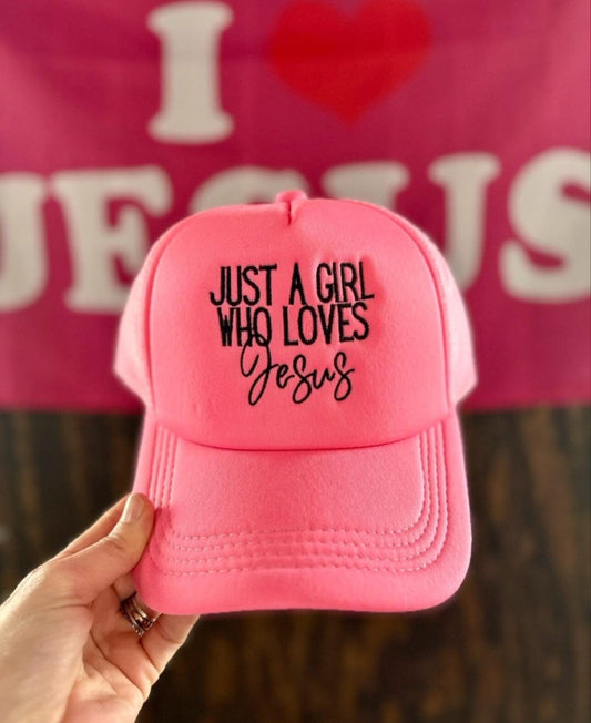 Christian Embroidered Trucker Hat, Just A Girl Who Loves Jesus Trucker Hat, Foam Mesh Cap, Jesus Trucker Hat, Trucker Hat, Christian Gift