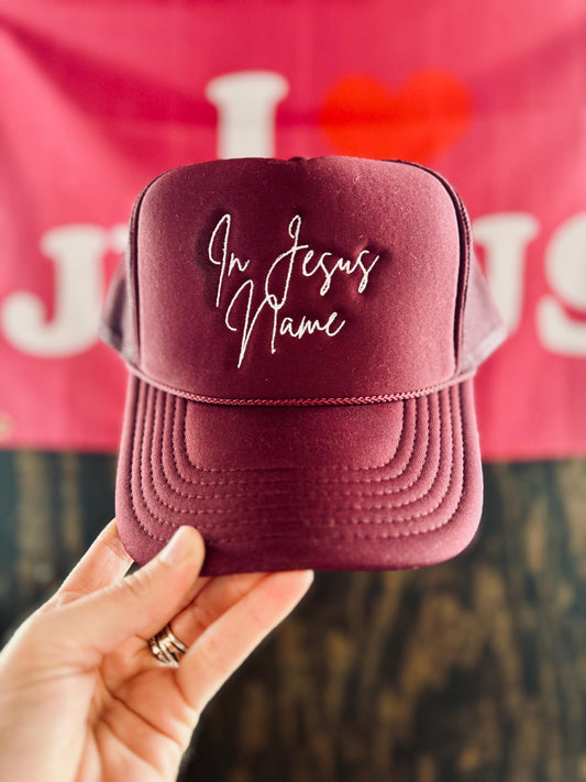 Christian Embroidered Trucker Hat, In Jesus Name Trucker Hat, Foam Mesh Cap, Jesus Trucker Hat, Trucker Hat, Christian Gift