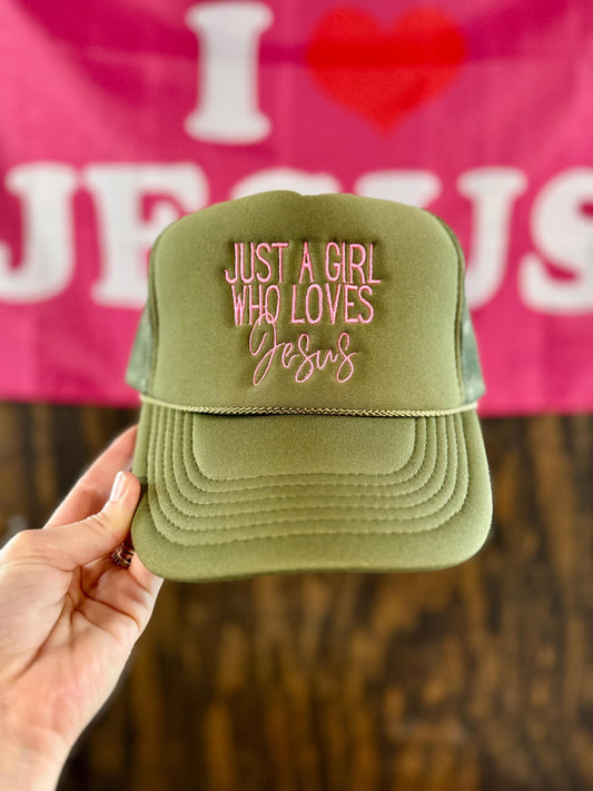 Christian Embroidered Trucker Hat, Just A Girl Who Loves Jesus Trucker Hat, Foam Mesh Cap, Jesus Trucker Hat, Trucker Hat, Christian Gift