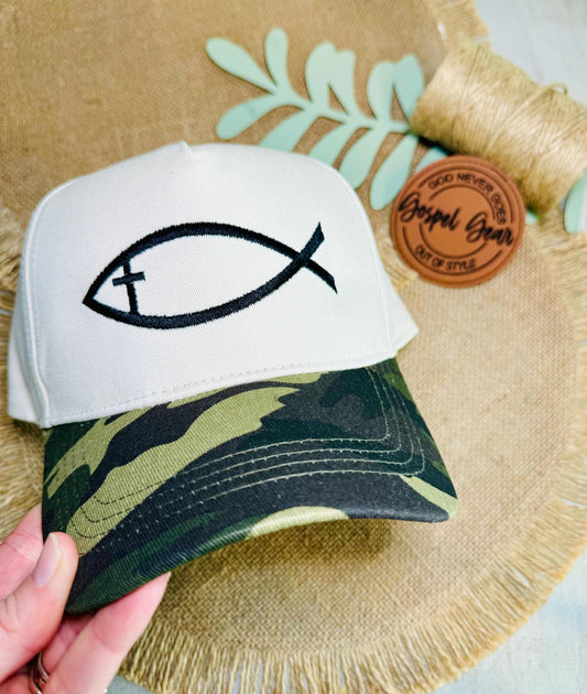 Christian Embroidered Hat, Jesus Fish Cross Hat, Vintage Hat, Jesus Hat, Dad Hat, Christian Gift, Embroidered Canvas Hat, Cross Hat, Jesus